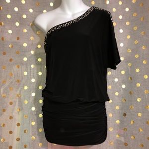 Black rhinestone one shoulder mini dress 5/6